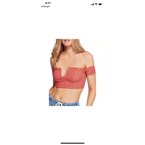 Free People Sz M Lucky Now Brami Off the Shoulder Notched Crop Top Boho Festival - Picture 4 of 4